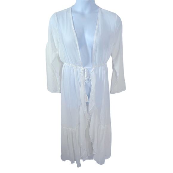 Shein White Sheer Long Ruffle Accent Bridal Robe or Beach Cover Up Size Large - Picture 9 of 9